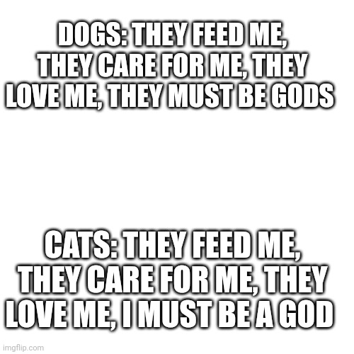 Blank Transparent Square Meme | DOGS: THEY FEED ME, THEY CARE FOR ME, THEY LOVE ME, THEY MUST BE GODS; CATS: THEY FEED ME, THEY CARE FOR ME, THEY LOVE ME, I MUST BE A GOD | image tagged in memes,blank transparent square | made w/ Imgflip meme maker