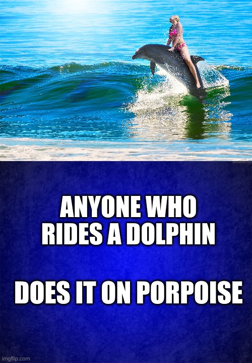 A Woman Riding A Dolphin | ANYONE WHO RIDES A DOLPHIN; DOES IT ON PORPOISE | image tagged in blue background,dolphin,porpoise,ocean,woman,riding | made w/ Imgflip meme maker