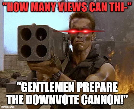 it's time to end this stupid trend now | "HOW MANY VIEWS CAN THI-"; "GENTLEMEN PREPARE THE DOWNVOTE CANNON!" | image tagged in arnold schwarzenegger commando | made w/ Imgflip meme maker