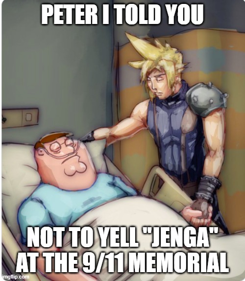 PETER I TOLD YOU | PETER I TOLD YOU; NOT TO YELL "JENGA" AT THE 9/11 MEMORIAL | image tagged in peter i told you | made w/ Imgflip meme maker
