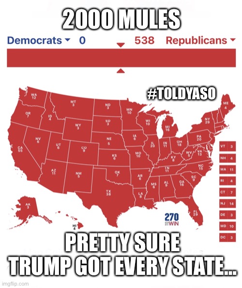 This is pretty much the result if all fraud would be exposed | 2000 MULES; #TOLDYASO; PRETTY SURE TRUMP GOT EVERY STATE… | image tagged in trump won it all,democratic voter fraud,2000 mules,trigger alert,find a safe space,snowflakes | made w/ Imgflip meme maker