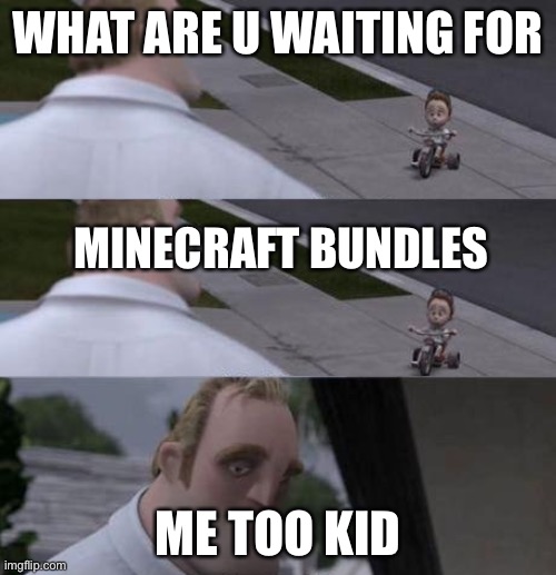 What are you waiting for? | WHAT ARE U WAITING FOR; MINECRAFT BUNDLES; ME TOO KID | image tagged in what are you waiting for | made w/ Imgflip meme maker