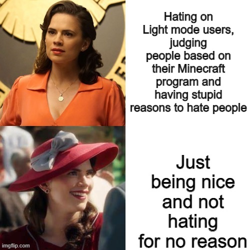 LightModeRights | Hating on Light mode users, judging people based on their Minecraft program and having stupid reasons to hate people; Just being nice and not hating for no reason | image tagged in peggy hotline bling | made w/ Imgflip meme maker