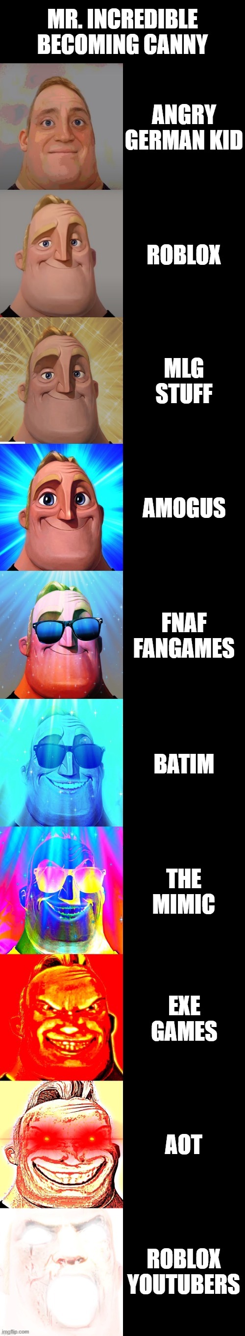 mr incredible becoming canny | MR. INCREDIBLE BECOMING CANNY; ANGRY GERMAN KID; ROBLOX; MLG STUFF; AMOGUS; FNAF FANGAMES; BATIM; THE MIMIC; EXE GAMES; AOT; ROBLOX YOUTUBERS | image tagged in mr incredible becoming canny | made w/ Imgflip meme maker