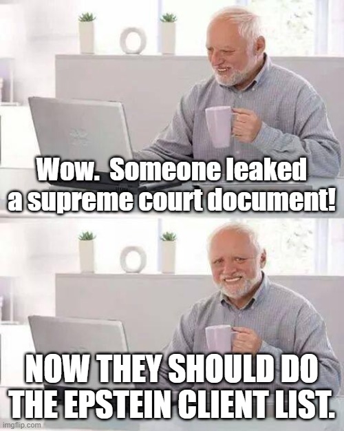 Clients Clients Clients. | Wow.  Someone leaked a supreme court document! NOW THEY SHOULD DO THE EPSTEIN CLIENT LIST. | image tagged in memes,hide the pain harold,clients,epstein | made w/ Imgflip meme maker