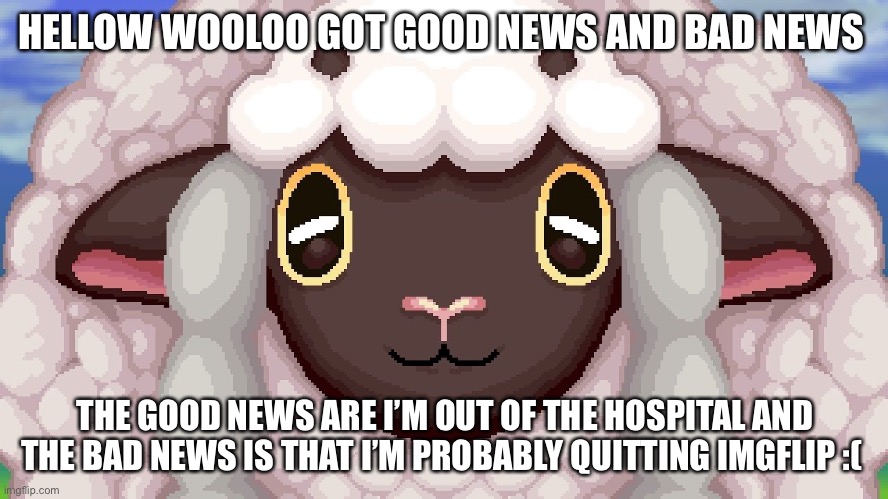 Sorry | HELLOW WOOLOO GOT GOOD NEWS AND BAD NEWS; THE GOOD NEWS ARE I’M OUT OF THE HOSPITAL AND THE BAD NEWS IS THAT I’M PROBABLY QUITTING IMGFLIP :( | image tagged in death by glamour | made w/ Imgflip meme maker