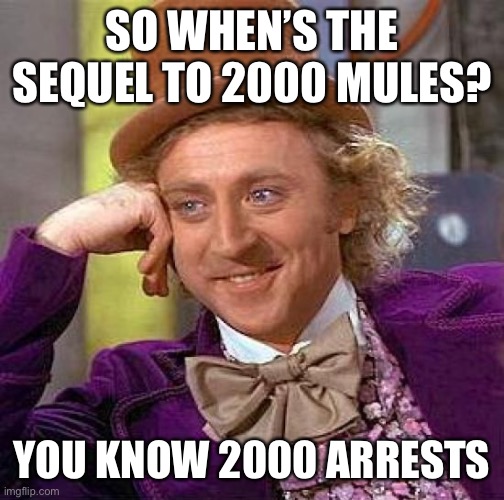 Creepy Condescending Wonka Meme | SO WHEN’S THE SEQUEL TO 2000 MULES? YOU KNOW 2000 ARRESTS | image tagged in memes,creepy condescending wonka | made w/ Imgflip meme maker
