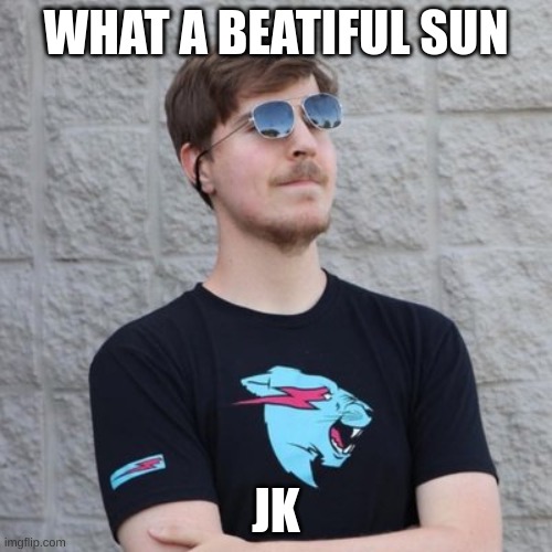 Take a look at the memer NoahFawkes(Undead_Assasinn) :) | WHAT A BEATIFUL SUN; JK | image tagged in mr beast | made w/ Imgflip meme maker