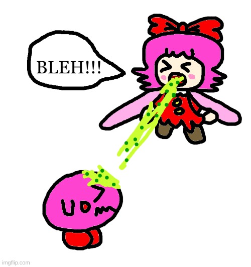 Ribbon throws up on Kirby | image tagged in kirby,ribbon,puke,cute,funny,artwork | made w/ Imgflip meme maker