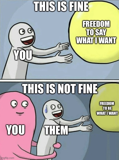 Running Away Balloon Meme | YOU FREEDOM
TO SAY WHAT I WANT YOU THEM FREEDOM 
TO BE WHAT I WANT THIS IS FINE THIS IS NOT FINE | image tagged in memes,running away balloon | made w/ Imgflip meme maker