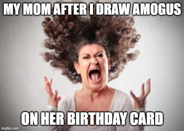 Help me, I don't have much time left |  MY MOM AFTER I DRAW AMOGUS; ON HER BIRTHDAY CARD | image tagged in angry mom,oof | made w/ Imgflip meme maker