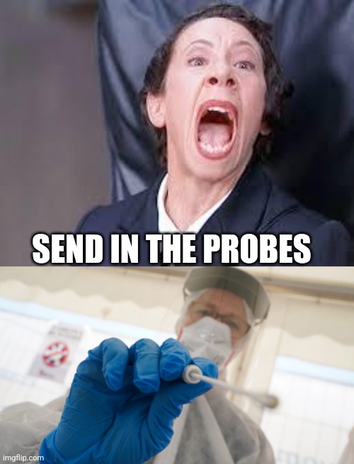Send in the COVID probes | SEND IN THE PROBES | image tagged in frau,covid test | made w/ Imgflip meme maker