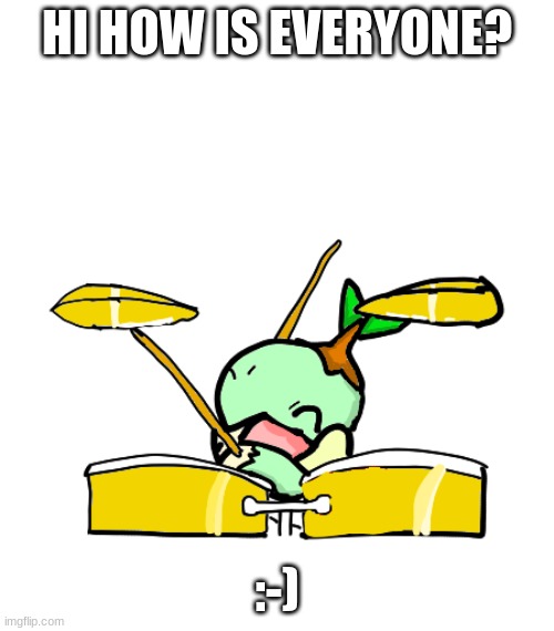 turtwig on the drums | HI HOW IS EVERYONE? :-) | image tagged in turtwig on the drums | made w/ Imgflip meme maker