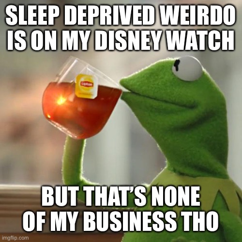 Creeper is on mah watch | SLEEP DEPRIVED WEIRDO IS ON MY DISNEY WATCH; BUT THAT’S NONE OF MY BUSINESS THO | image tagged in memes,but that's none of my business,kermit the frog | made w/ Imgflip meme maker