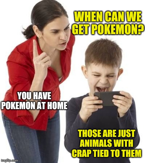 mom scolding | WHEN CAN WE GET POKEMON? THOSE ARE JUST ANIMALS WITH CRAP TIED TO THEM YOU HAVE POKEMON AT HOME | image tagged in mom scolding | made w/ Imgflip meme maker