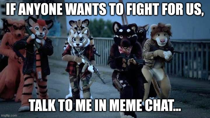 We must fight fur our people. | IF ANYONE WANTS TO FIGHT FOR US, TALK TO ME IN MEME CHAT... | image tagged in furry army | made w/ Imgflip meme maker