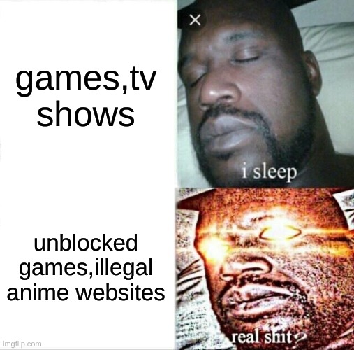mems | games,tv shows; unblocked games,illegal anime websites | image tagged in memes,sleeping shaq | made w/ Imgflip meme maker