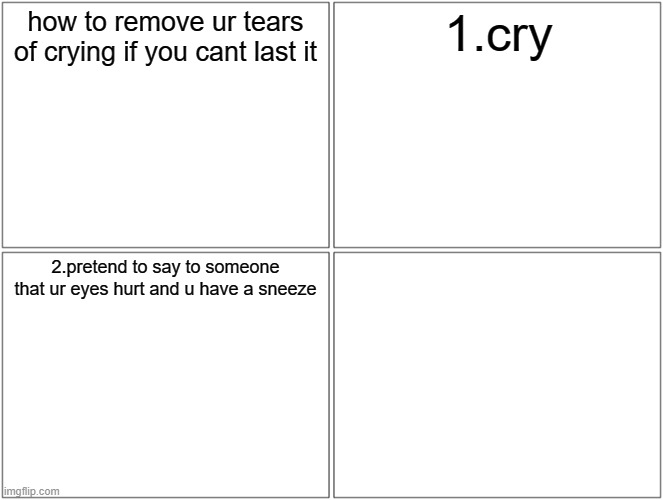 dont do this irl | how to remove ur tears of crying if you cant last it; 1.cry; 2.pretend to say to someone that ur eyes hurt and u have a sneeze | image tagged in memes,blank comic panel 2x2 | made w/ Imgflip meme maker