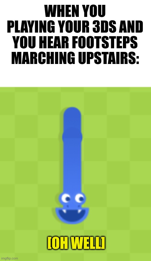 The birth of a new meme? | WHEN YOU PLAYING YOUR 3DS AND YOU HEAR FOOTSTEPS MARCHING UPSTAIRS:; [OH WELL] | image tagged in oh well,snake | made w/ Imgflip meme maker