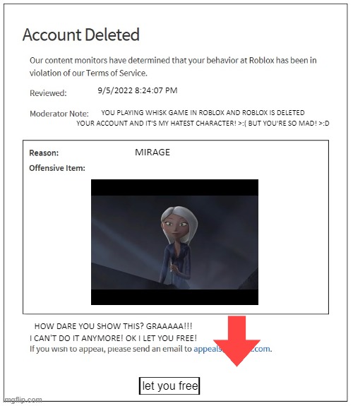 banned from ROBLOX | 9/5/2022 8:24:07 PM; YOU PLAYING WHISK GAME IN ROBLOX AND ROBLOX IS DELETED YOUR ACCOUNT AND IT'S MY HATEST CHARACTER! >:( BUT YOU'RE SO MAD! >:D; MIRAGE; HOW DARE YOU SHOW THIS? GRAAAAA!!! I CAN'T DO IT ANYMORE! OK I LET YOU FREE! let you free | image tagged in banned from roblox | made w/ Imgflip meme maker
