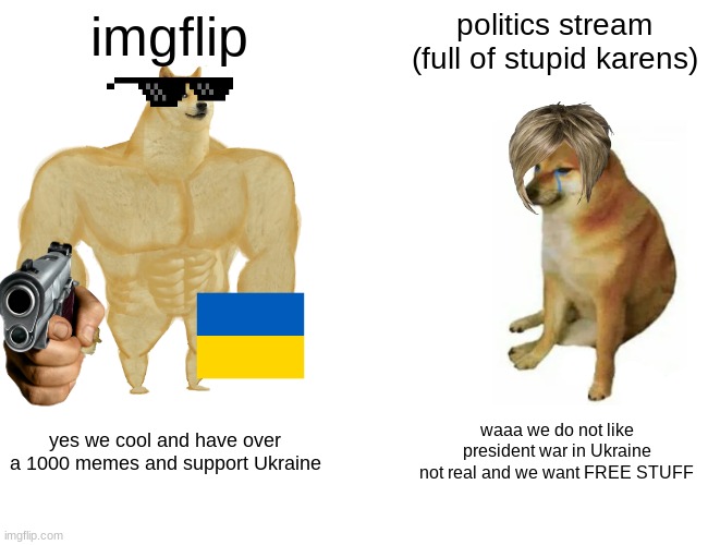 ingfilp good. krens bad | imgflip; politics stream (full of stupid karens); yes we cool and have over a 1000 memes and support Ukraine; waaa we do not like president war in Ukraine not real and we want FREE STUFF | image tagged in memes,buff doge vs cheems | made w/ Imgflip meme maker