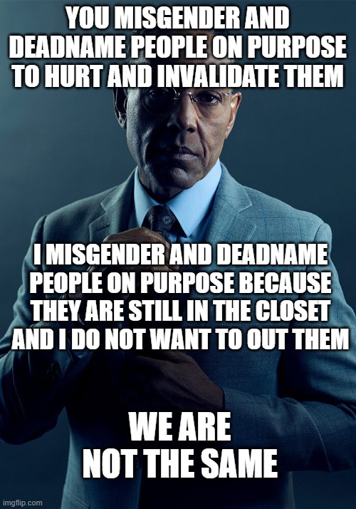 What I said to a transphobe in a public bathroom | YOU MISGENDER AND DEADNAME PEOPLE ON PURPOSE TO HURT AND INVALIDATE THEM; I MISGENDER AND DEADNAME PEOPLE ON PURPOSE BECAUSE THEY ARE STILL IN THE CLOSET AND I DO NOT WANT TO OUT THEM; WE ARE NOT THE SAME | image tagged in gus fring we are not the same,lgbt,you are valid | made w/ Imgflip meme maker