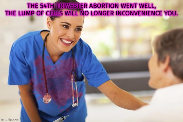 Nurse  | THE 54TH TRIMESTER ABORTION WENT WELL, THE LUMP OF CELLS WILL NO LONGER INCONVENIENCE YOU. | image tagged in nurse | made w/ Imgflip meme maker