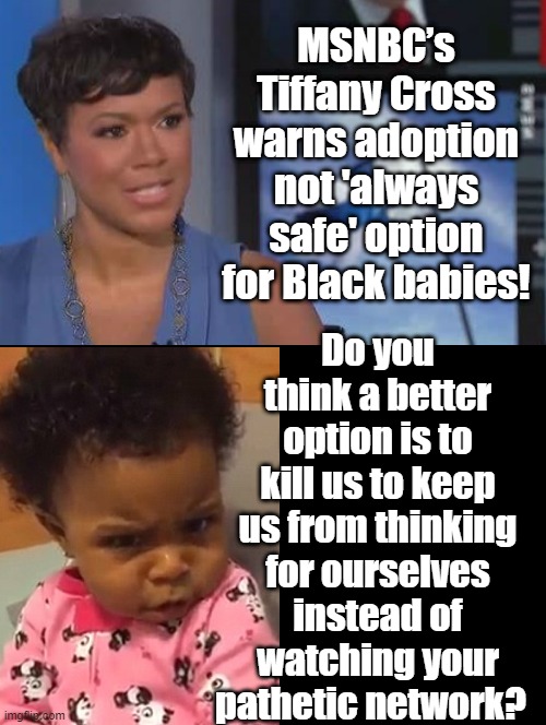Do you think a better option is to kill us to keep us from thinking for ourselves? |  MSNBC’s Tiffany Cross warns adoption not 'always safe' option for Black babies! Do you think a better option is to kill us to keep us from thinking for ourselves instead of watching your pathetic network? | image tagged in msnbc,fake news,stupid people,stupid liberals,sam elliott special kind of stupid | made w/ Imgflip meme maker