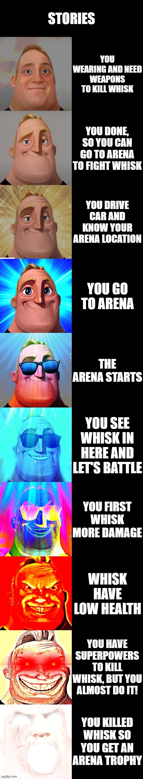 mr incredible becoming canny | STORIES; YOU WEARING AND NEED WEAPONS TO KILL WHISK; YOU DONE, SO YOU CAN GO TO ARENA TO FIGHT WHISK; YOU DRIVE CAR AND KNOW YOUR ARENA LOCATION; YOU GO TO ARENA; THE ARENA STARTS; YOU SEE WHISK IN HERE AND LET'S BATTLE; YOU FIRST WHISK MORE DAMAGE; WHISK HAVE LOW HEALTH; YOU HAVE SUPERPOWERS TO KILL WHISK, BUT YOU ALMOST DO IT! YOU KILLED WHISK SO YOU GET AN ARENA TROPHY | image tagged in mr incredible becoming canny | made w/ Imgflip meme maker