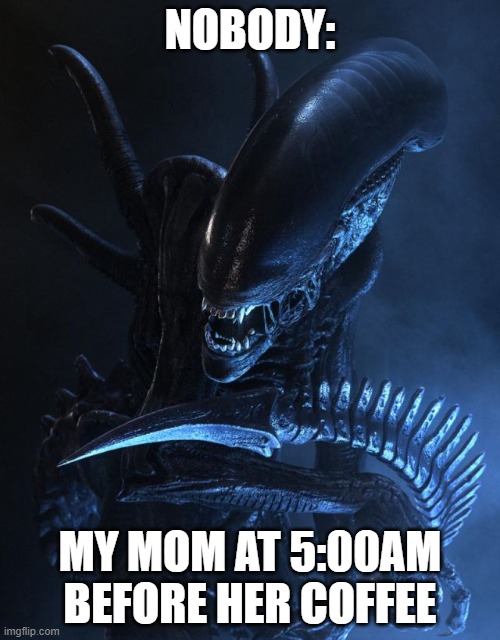 Moms are scary | NOBODY:; MY MOM AT 5:00AM BEFORE HER COFFEE | image tagged in alien xenomorph,funny,memes,aliens,mom | made w/ Imgflip meme maker