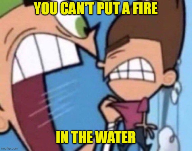 Cosmo Yelling | YOU CAN'T PUT A FIRE; IN THE WATER | image tagged in cosmo yelling | made w/ Imgflip meme maker