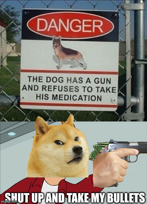 Evil dog |  SHUT UP AND TAKE MY BULLETS | image tagged in memes,shut up and take my money fry,funny,funny memes,funny signs,dog | made w/ Imgflip meme maker