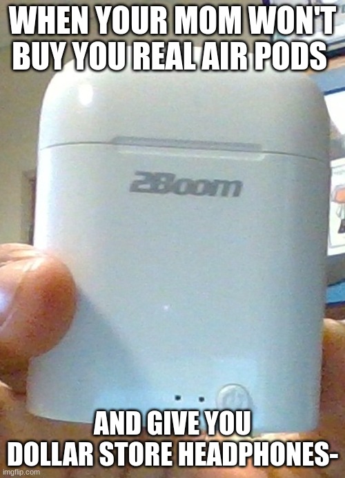 2 boom | WHEN YOUR MOM WON'T BUY YOU REAL AIR PODS; AND GIVE YOU DOLLAR STORE HEADPHONES- | image tagged in 2 boom buds | made w/ Imgflip meme maker