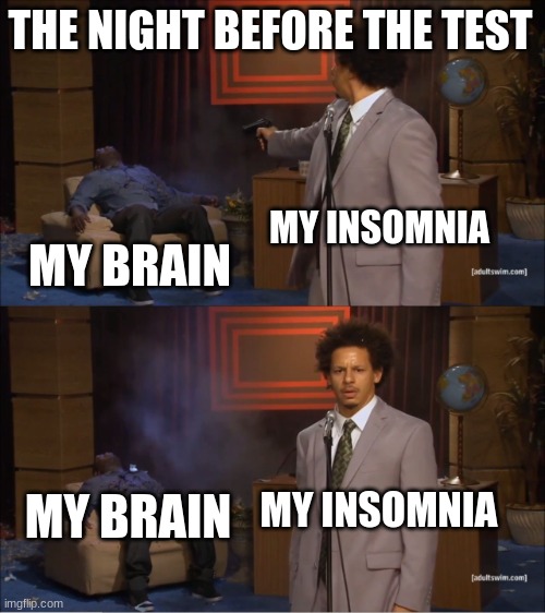 test night | THE NIGHT BEFORE THE TEST; MY INSOMNIA; MY BRAIN; MY INSOMNIA; MY BRAIN | image tagged in memes,who killed hannibal | made w/ Imgflip meme maker