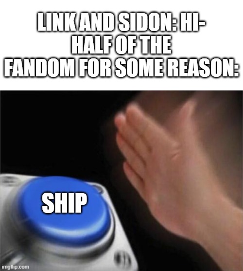 Shippers these days |  LINK AND SIDON: HI-
HALF OF THE FANDOM FOR SOME REASON:; SHIP | image tagged in memes,blank nut button,link,botw,legend of zelda,the legend of zelda breath of the wild | made w/ Imgflip meme maker