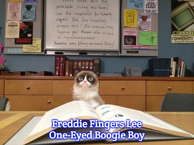 Grumpy cat studying | Freddie Fingers Lee
One-Eyed Boogie Boy | image tagged in grumpy cat studying,slavic,one-eyed boogie boy,freddie fingers lee | made w/ Imgflip meme maker