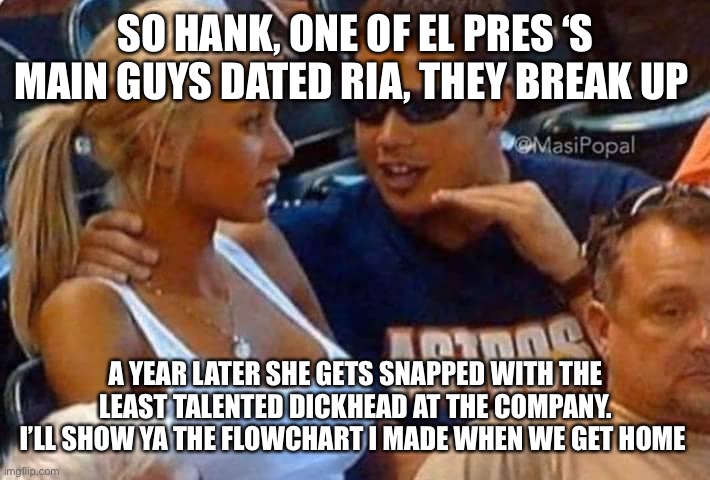 Guy talking to girl passionately | SO HANK, ONE OF EL PRES ‘S MAIN GUYS DATED RIA, THEY BREAK UP; A YEAR LATER SHE GETS SNAPPED WITH THE LEAST TALENTED DICKHEAD AT THE COMPANY. I’LL SHOW YA THE FLOWCHART I MADE WHEN WE GET HOME | image tagged in guy talking to girl passionately,barstoolsports | made w/ Imgflip meme maker