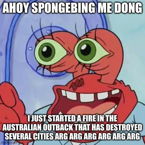 AHOY SPONGEBOB | AHOY SPONGEBING ME DONG; I JUST STARTED A FIRE IN THE AUSTRALIAN OUTBACK THAT HAS DESTROYED SEVERAL CITIES ARG ARG ARG ARG ARG ARG | image tagged in ahoy spongebob | made w/ Imgflip meme maker