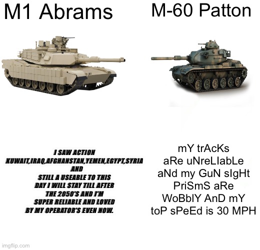 Buff Doge vs. Cheems |  M1 Abrams; M-60 Patton; mY trAcKs aRe uNreLIabLe aNd my GuN sIgHt PriSmS aRe WoBblY AnD mY toP sPeEd is 30 MPH; I SAW ACTION KUWAIT,IRAQ,AFGHANSTAN,YEMEN,EGYPT,SYRIA    AND STILL A USEABLE TO THIS DAY I WILL STAY TILL AFTER THE 2050’S AND I’M SUPER RELIABLE AND LOVED BY MY OPERATOR’S EVEN NOW. | image tagged in memes,buff doge vs cheems | made w/ Imgflip meme maker