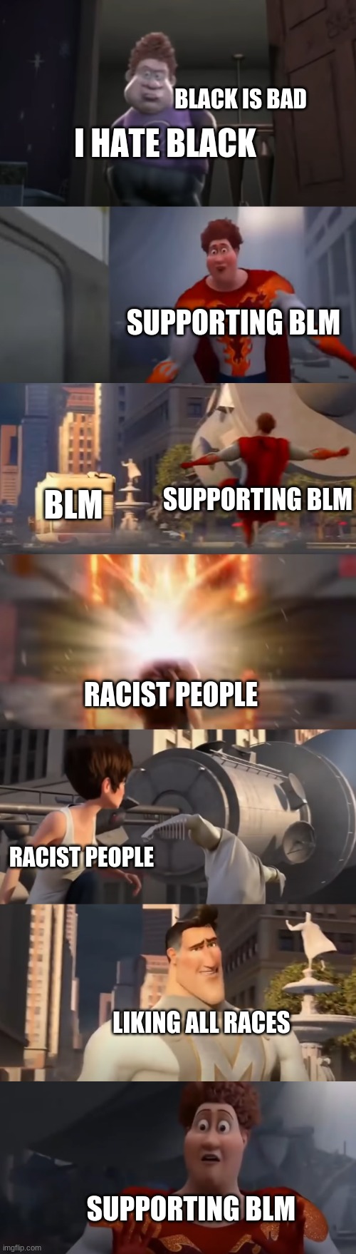 Dont be racist |  BLACK IS BAD; I HATE BLACK; SUPPORTING BLM; SUPPORTING BLM; BLM; RACIST PEOPLE; RACIST PEOPLE; LIKING ALL RACES; SUPPORTING BLM | image tagged in snotty boy glow up meme extended | made w/ Imgflip meme maker