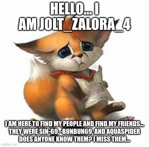 Sad furry | HELLO... I AM JOLT_ZALORA_4; I AM HERE TO FIND MY PEOPLE AND FIND MY FRIENDS...
THEY WERE SIN-69, -BUNBUN69, AND AQUASPIDER
DOES ANYONE KNOW THEM? I MISS THEM... | image tagged in sad furry | made w/ Imgflip meme maker