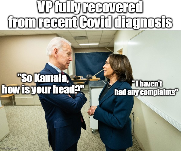 Kamala back up to full speed | VP fully recovered from recent Covid diagnosis; "So Kamala, how is your head?"; " I haven't had any complaints" | image tagged in memes,kamala harris | made w/ Imgflip meme maker