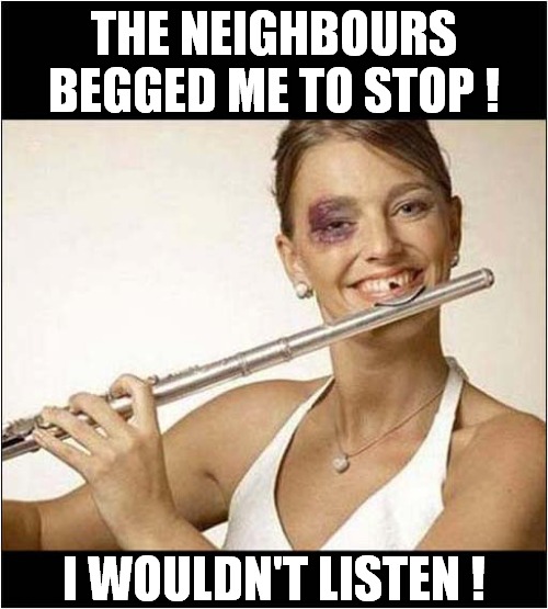 Bad Flutist Was Warned ! | THE NEIGHBOURS BEGGED ME TO STOP ! I WOULDN'T LISTEN ! | image tagged in flute,neighbours,punched,dark humour | made w/ Imgflip meme maker