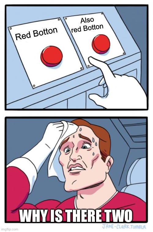 Two Buttons | Also red Botton; Red Botton; WHY IS THERE TWO | image tagged in memes,two buttons | made w/ Imgflip meme maker