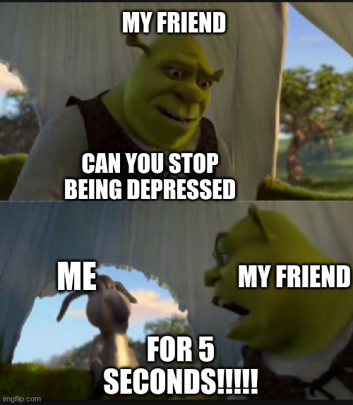 can you stop  talking | MY FRIEND; CAN YOU STOP BEING DEPRESSED; ME; MY FRIEND; FOR 5 SECONDS!!!!! | image tagged in can you stop talking | made w/ Imgflip meme maker