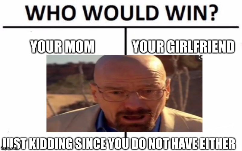 YOUR MOM; YOUR GIRLFRIEND; JUST KIDDING SINCE YOU DO NOT HAVE EITHER | image tagged in walter white,funny | made w/ Imgflip meme maker
