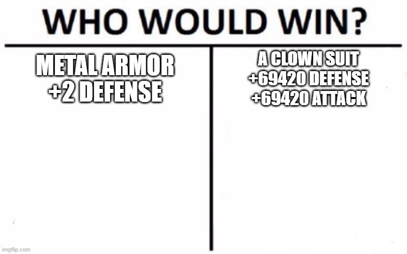 Who Would Win? Meme | METAL ARMOR

+2 DEFENSE; A CLOWN SUIT
+69420 DEFENSE
+69420 ATTACK | image tagged in memes,who would win | made w/ Imgflip meme maker