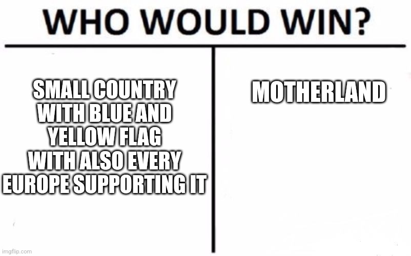 Who Would Win? | SMALL COUNTRY WITH BLUE AND YELLOW FLAG WITH ALSO EVERY EUROPE SUPPORTING IT; MOTHERLAND | image tagged in memes,who would win | made w/ Imgflip meme maker
