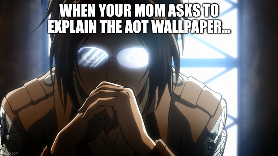 JUST BEIN HANJI HERE | WHEN YOUR MOM ASKS TO EXPLAIN THE AOT WALLPAPER... | image tagged in hange zoe | made w/ Imgflip meme maker