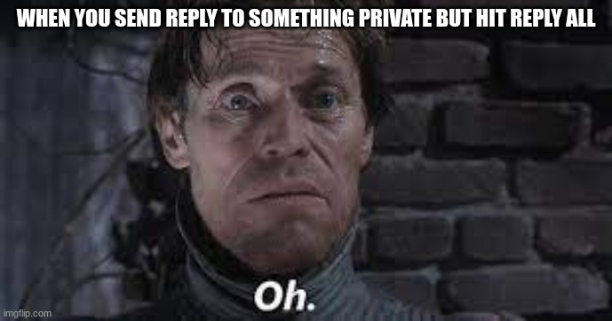 Oh | WHEN YOU SEND REPLY TO SOMETHING PRIVATE BUT HIT REPLY ALL | image tagged in oh green goblin | made w/ Imgflip meme maker